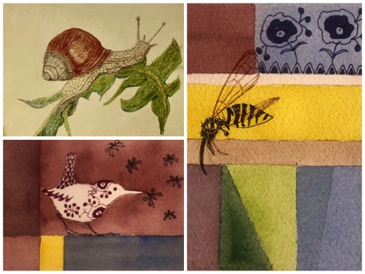 Collage, forbundet til natur. Sat sammen af 3 små værker, en tegning med skovsnegl, en akvarel med fugl, en akaverl med hveps